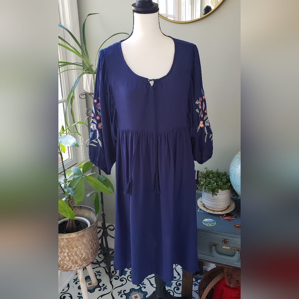 NWT New Directions Navy Blue Boho Peasant Dress Size PL
